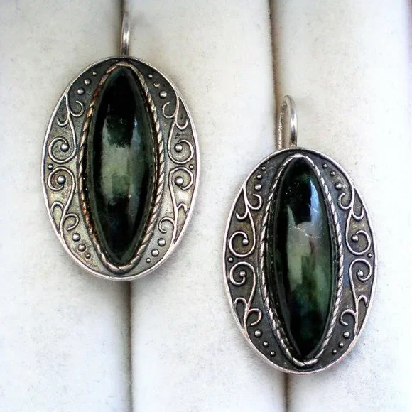 LARGE Antique Vintage Russian USSR Silver 875 Nephrite Jade Dangle Drop Earrings